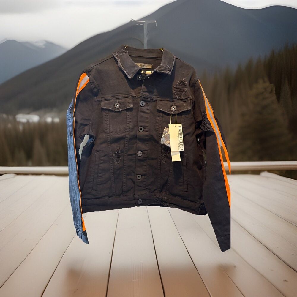 KDNK Comfort Stretch Black Denim Jacket Men’s Large Orange Reflective Stripe NWT